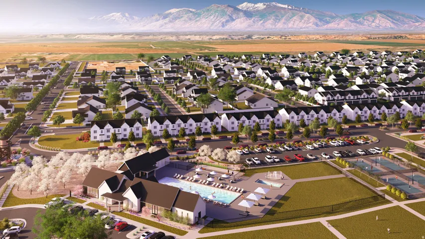 Expansive community featuring a clubhouse, swimming pool, multiple sports courts, and mountain scenery