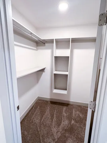 Built-in shelving, hanging rods, recessed ceiling light, and neutral-toned carpet flooring