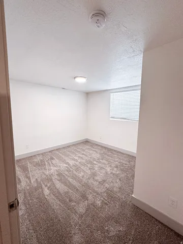 Neutral wall paint, textured carpet flooring, window with horizontal blinds, recessed ceiling lighting, and a surface-mounted smoke detector