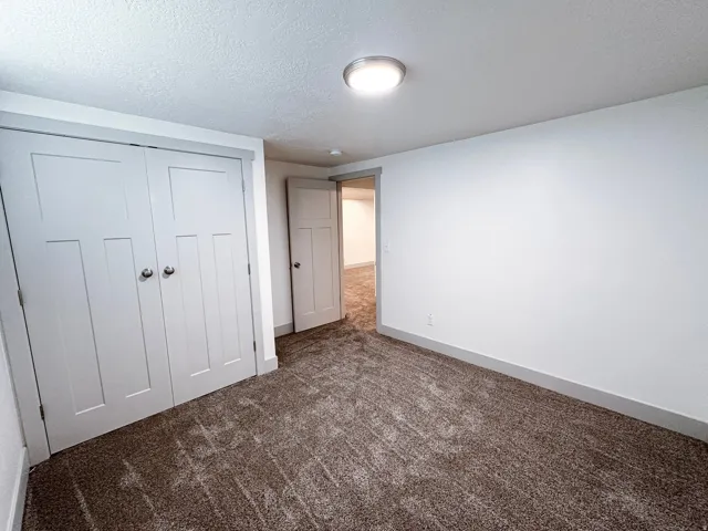 Plush carpet flooring, white walls, white paneled doors, and a flush mount ceiling light fixture