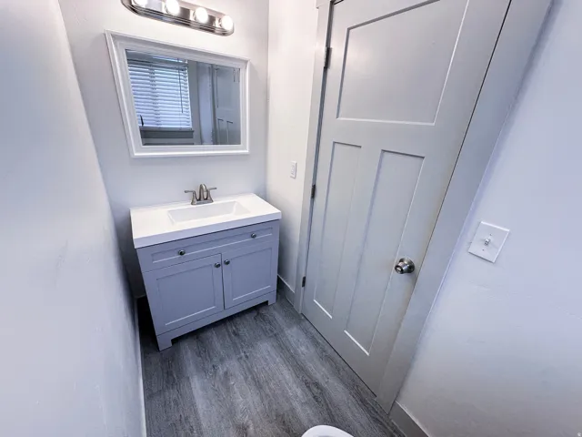 Gray wood-finish flooring with a light gray vanity, white countertop with integrated sink, and a framed mirror with a four-bulb vanity light fixture