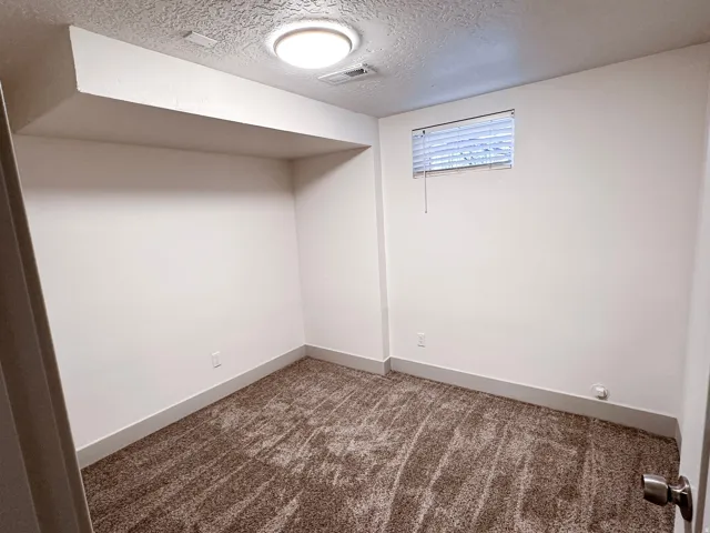 Neutral wall color, textured carpeting, modern flush-mount lighting, and a window with blinds