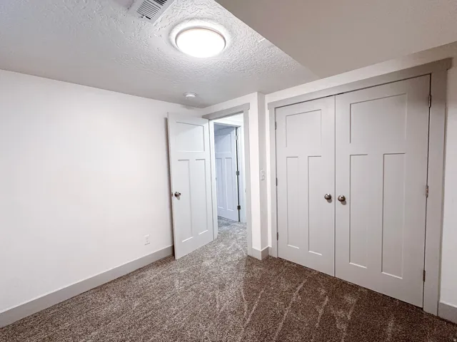 White walls with gray baseboards, textured carpeting, white doors with panel detailing, and a flush-mount ceiling light