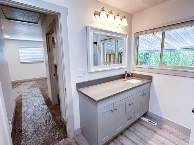 Vanity with gray shaker-style cabinetry, a built-in sink, and a stone-finish countertop