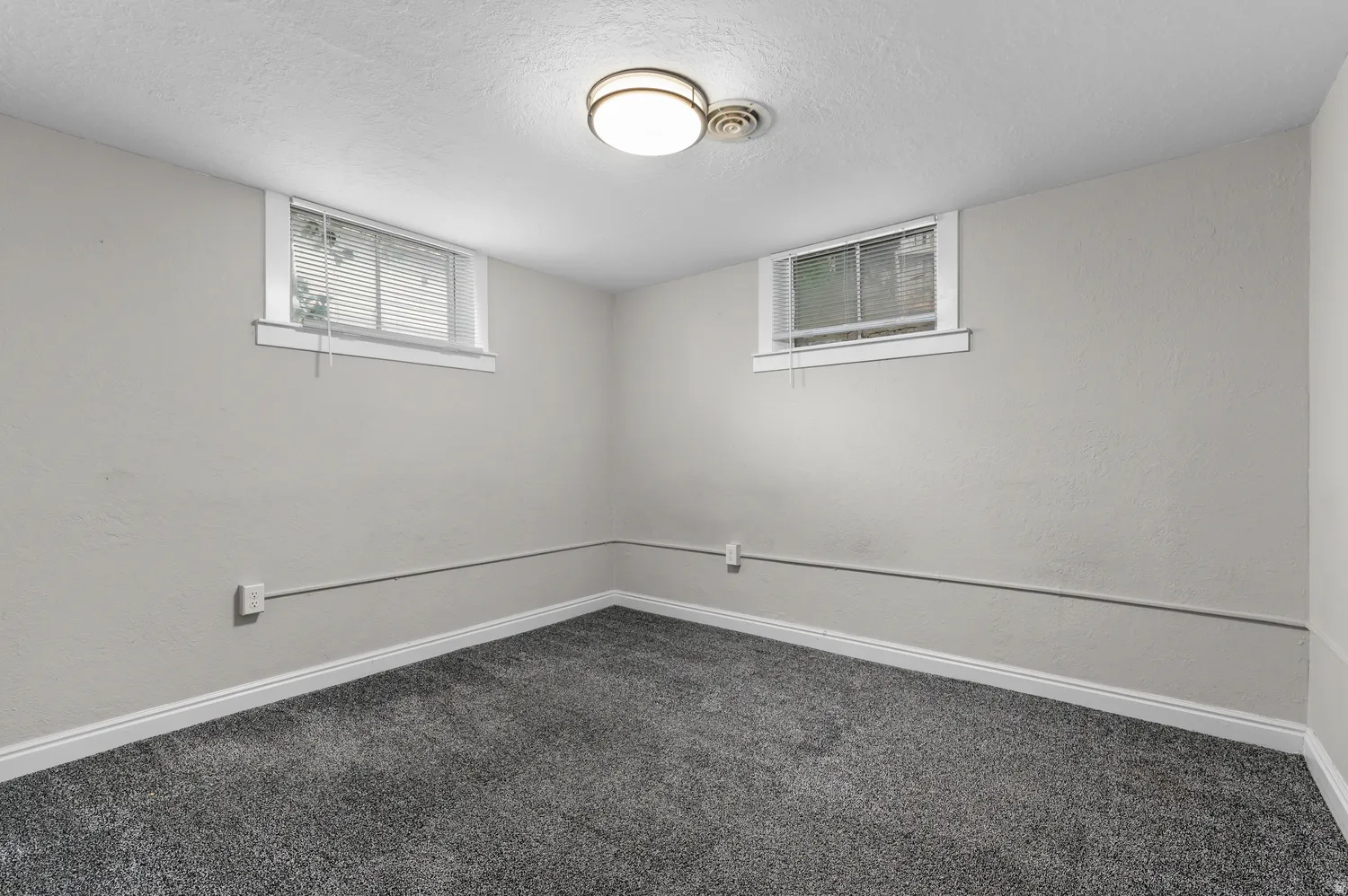Wall-to-wall carpeting with a neutral finish, two windows with white trim, and a flush-mount ceiling light