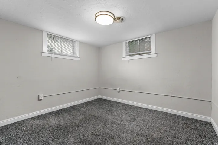 Wall-to-wall carpeting with a neutral finish, two windows with white trim, and a flush-mount ceiling light