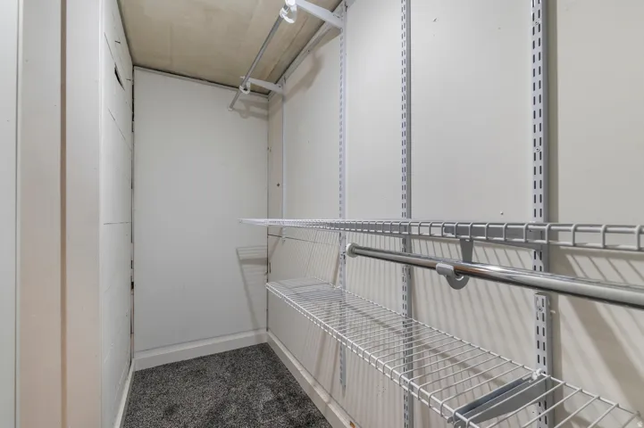 Customizable wire shelving system with hanging rods and carpeted flooring