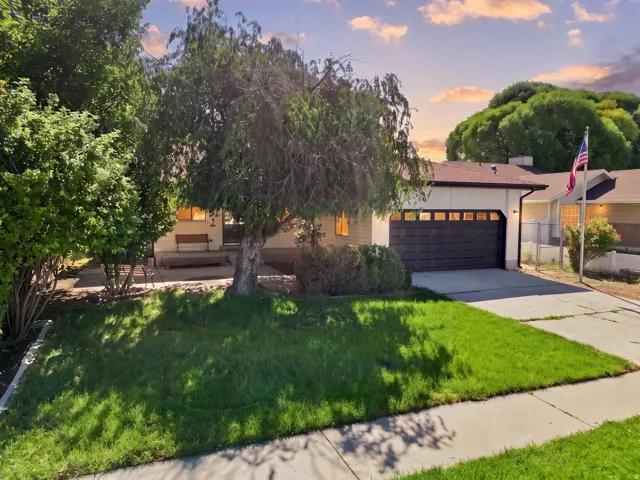 Single-story residence featuring a two-car garage with a paneled door, concrete driveway, and a front lawn with mature trees