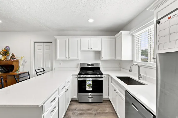 White cabinetry with dark hardware, stainless steel appliances, wood-finish flooring, white countertops, and recessed lighting