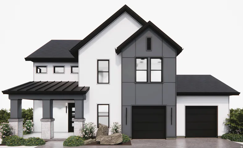 Modern farmhouse architecture featuring a metal-roofed covered entry, two garage doors, and dark-framed windows