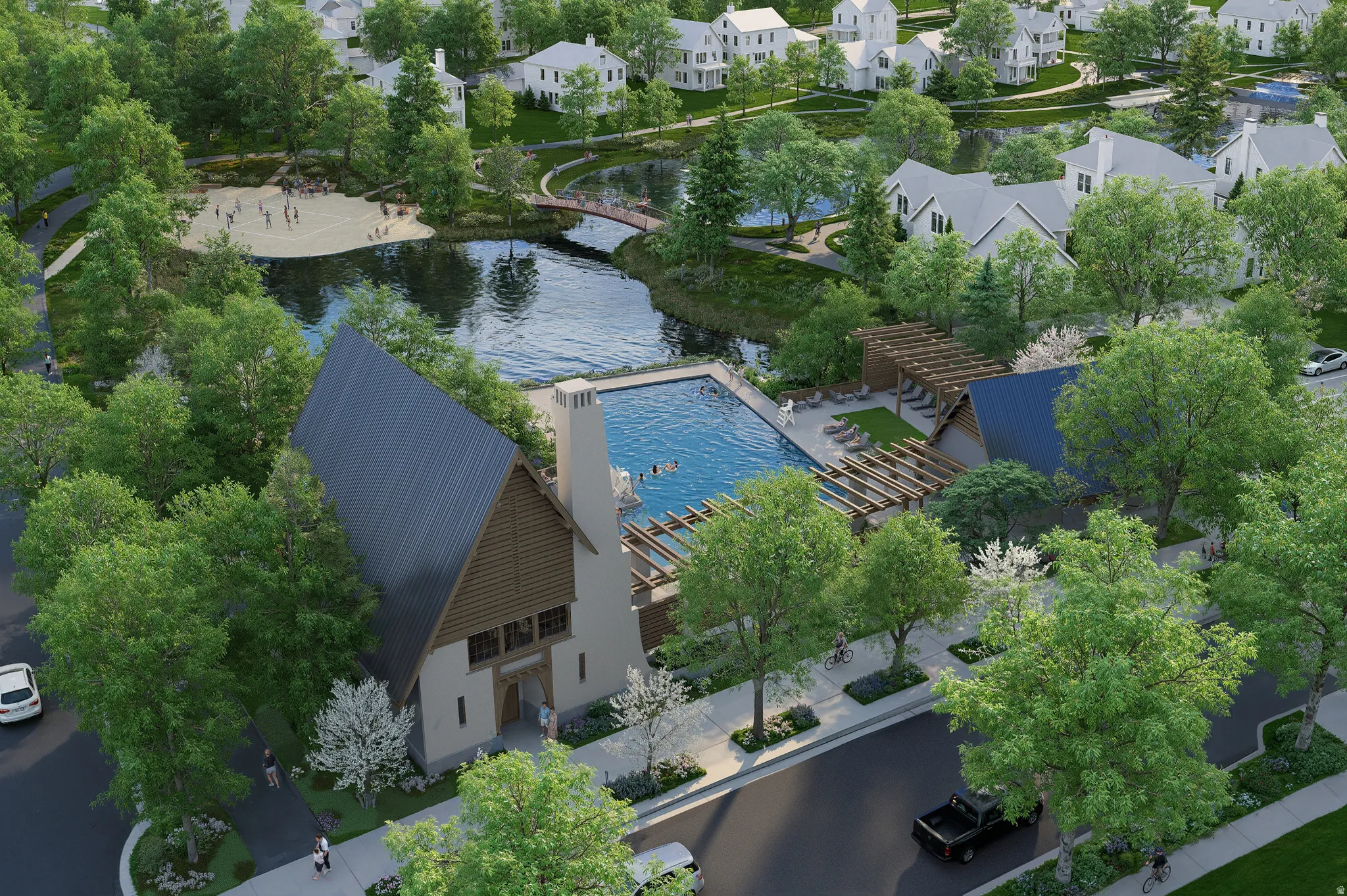 Community amenities featuring a swimming pool, clubhouse, sandy beach area, and a bridge over a pond, all surrounded by mature trees