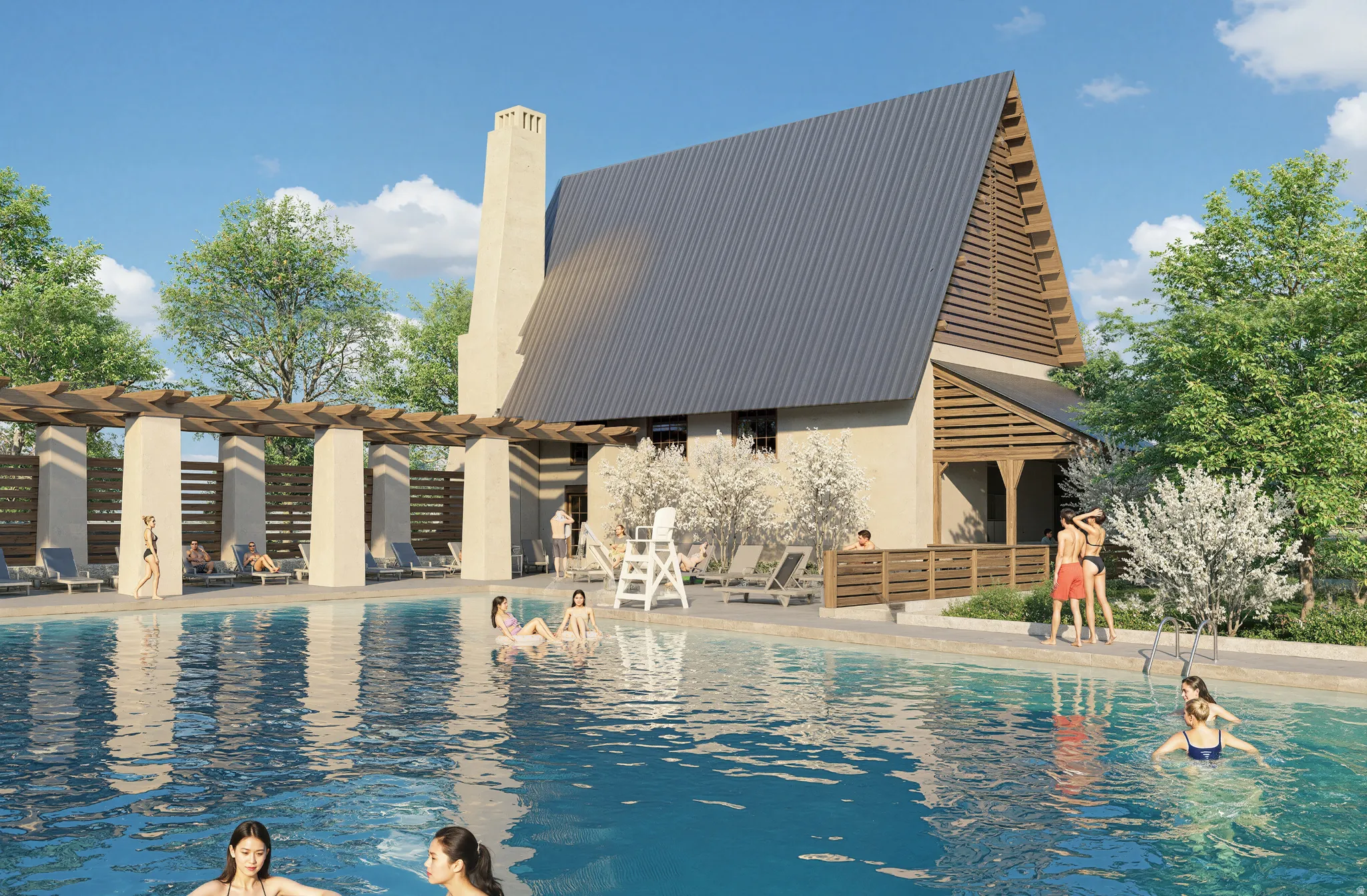 Outdoor swimming pool with integrated steps, surrounding paved patio, and adjacent pergola structure