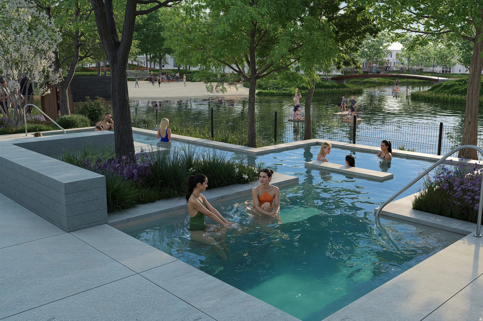 Multi-level pool area with integrated planters, surrounding hardscaping, and water feature