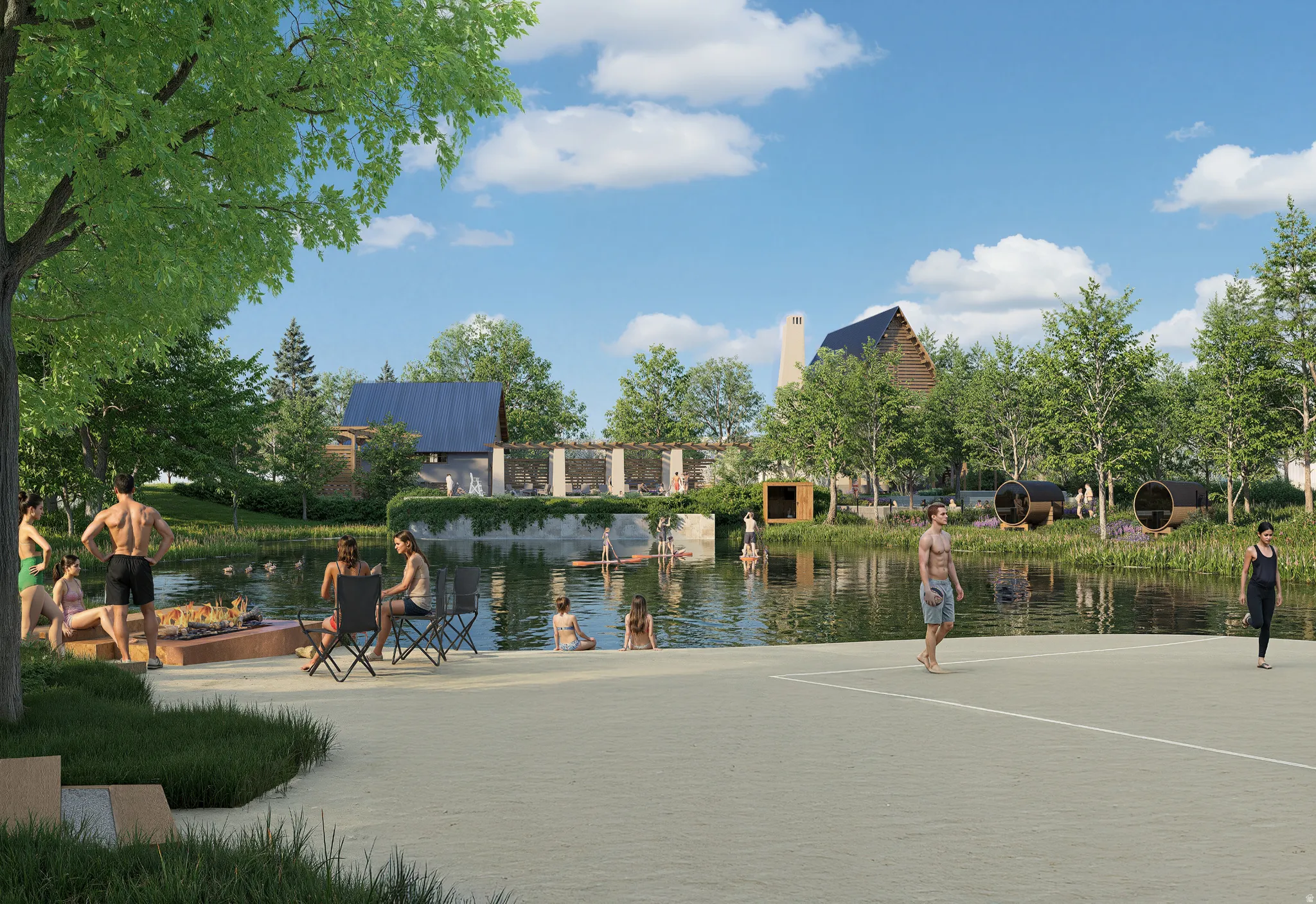 Lakeside setting featuring a sandy bank, surrounded by mature trees and natural landscaping