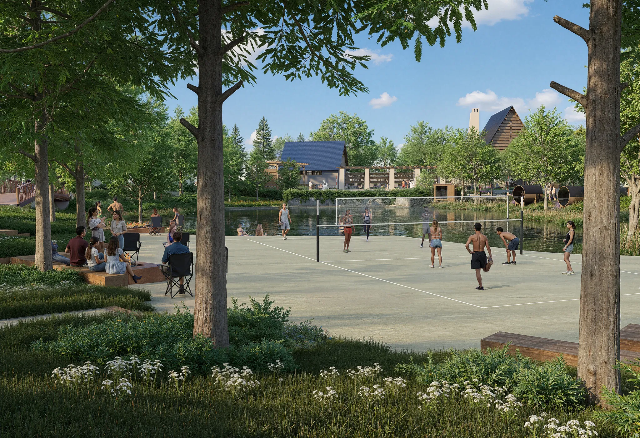 Volleyball court with a net, bordered by a tranquil water feature, surrounded by mature trees, and featuring built-in wooden seating