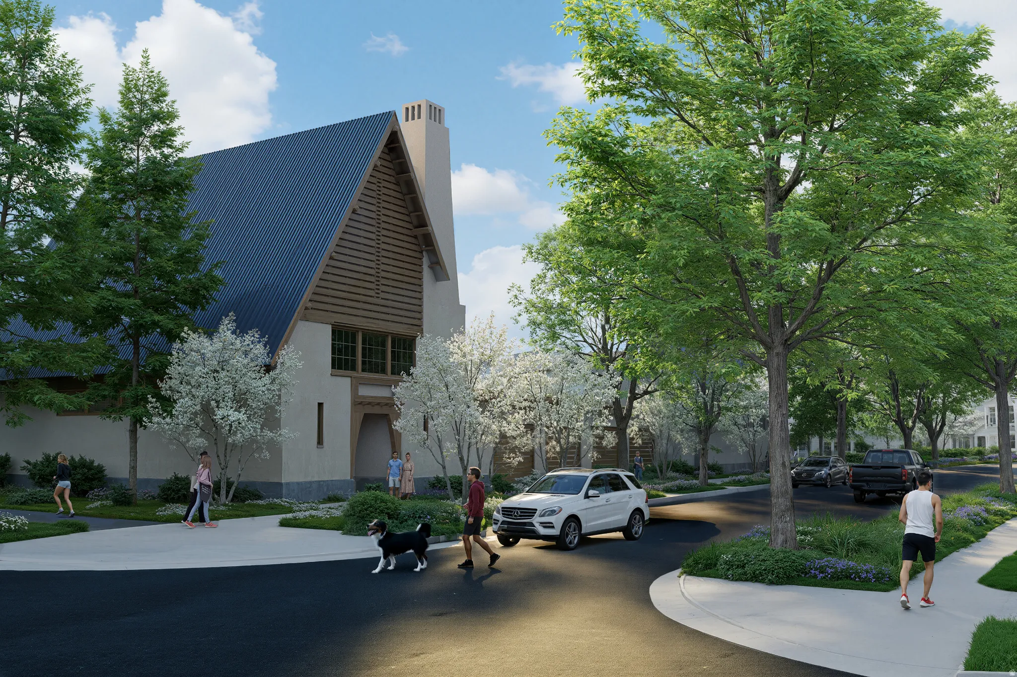 Pitched roofline with a dark metal finish, light stucco exterior, wood-paneled gable, and a prominent chimney structure