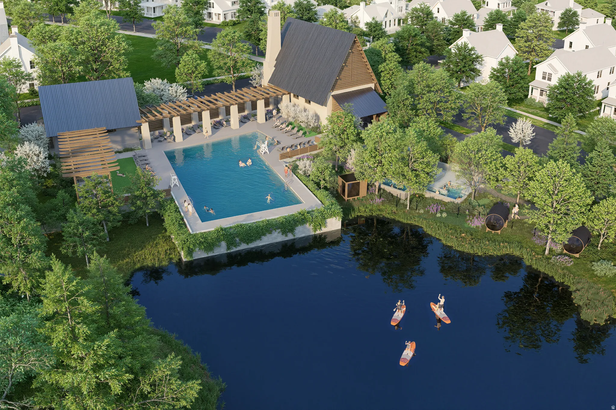 Expansive lakefront setting with a swimming pool, shaded lounge areas, and a multi-story clubhouse