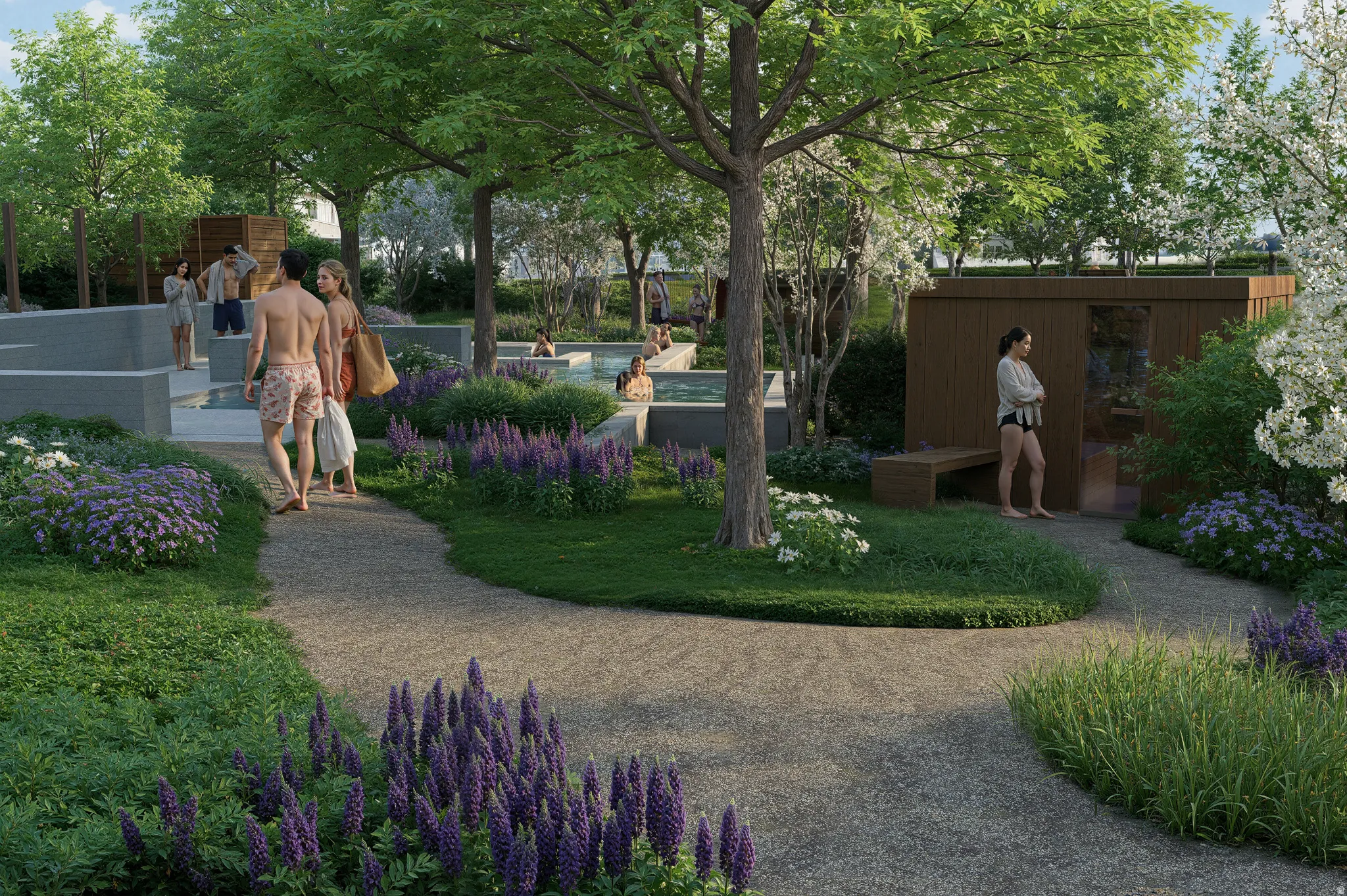 Landscaped garden path, multiple water features, mature trees, flowering shrubs, and a built-in wooden bench