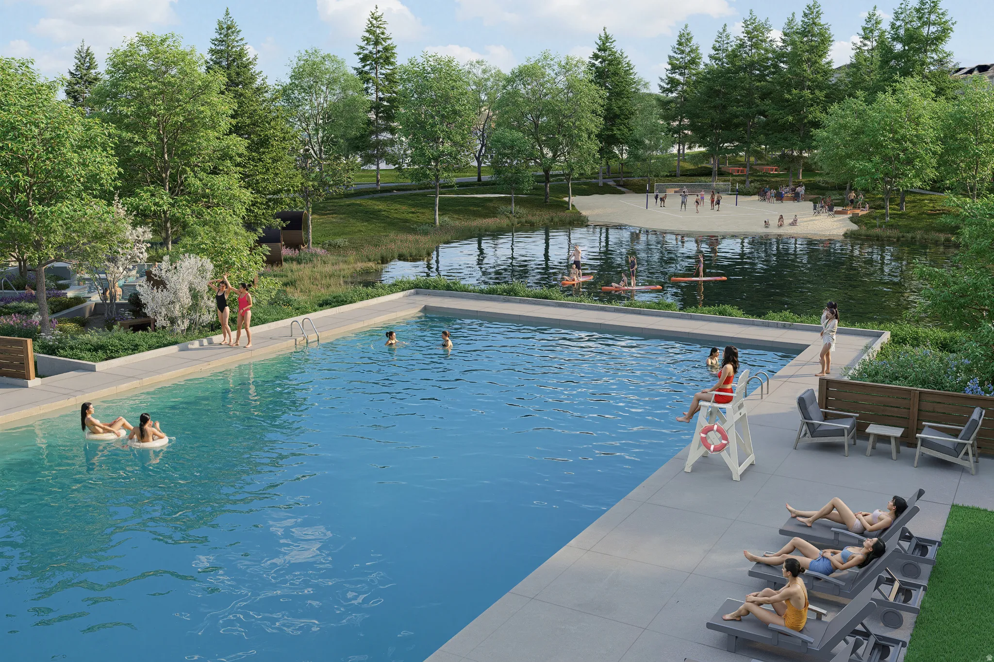 Outdoor swimming pool with integrated sun ledge, expansive paved decking, and lush perimeter landscaping