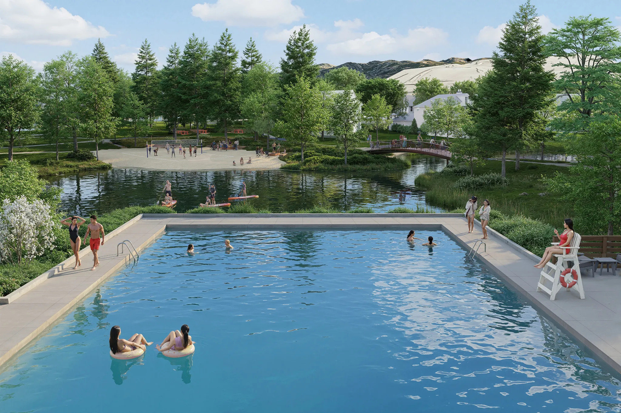 Community swimming pool with a surrounding hardscaping, mature trees, adjacent pond, and a sandy beach area