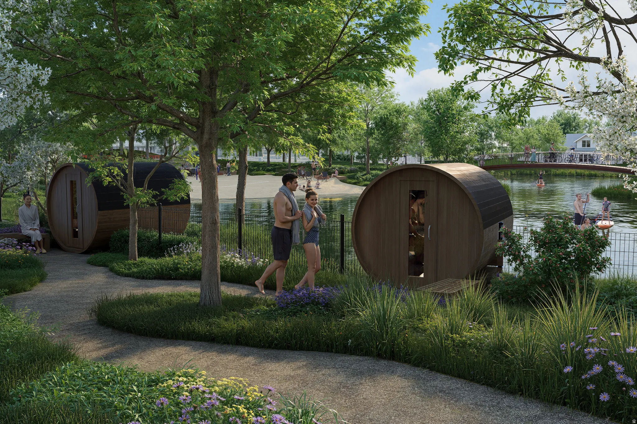 Landscaped grounds with a paved pathway, barrel saunas, and mature trees