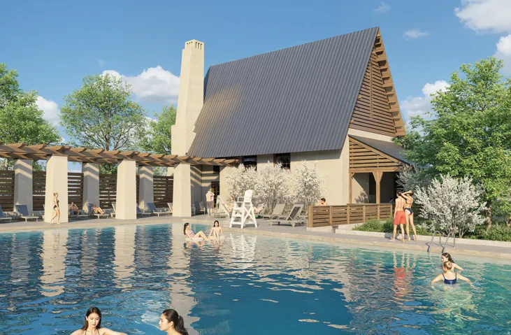 Outdoor swimming pool with integrated steps, surrounding paved patio, and adjacent pergola structure