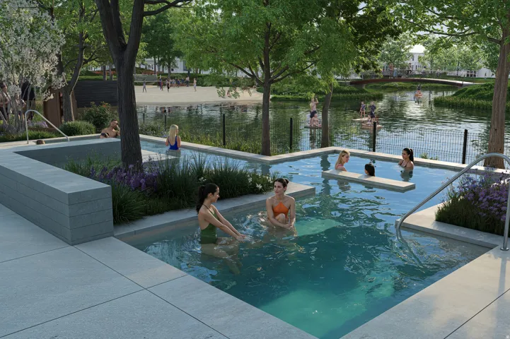 Multi-level pool area with integrated planters, surrounding hardscaping, and water feature