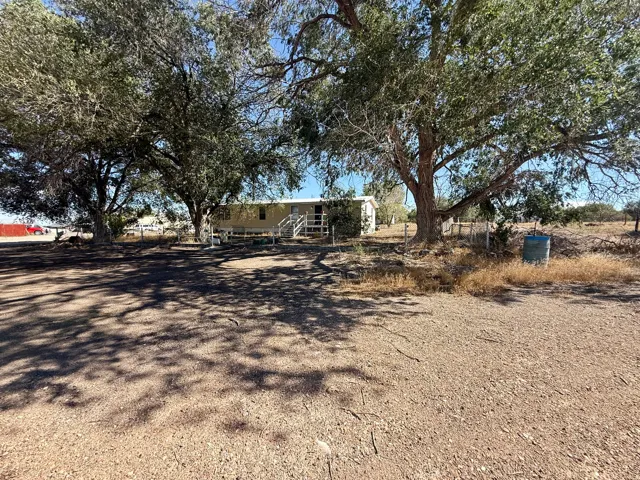 Expansive dirt lot featuring mature trees and a residential structure with an elevated porch