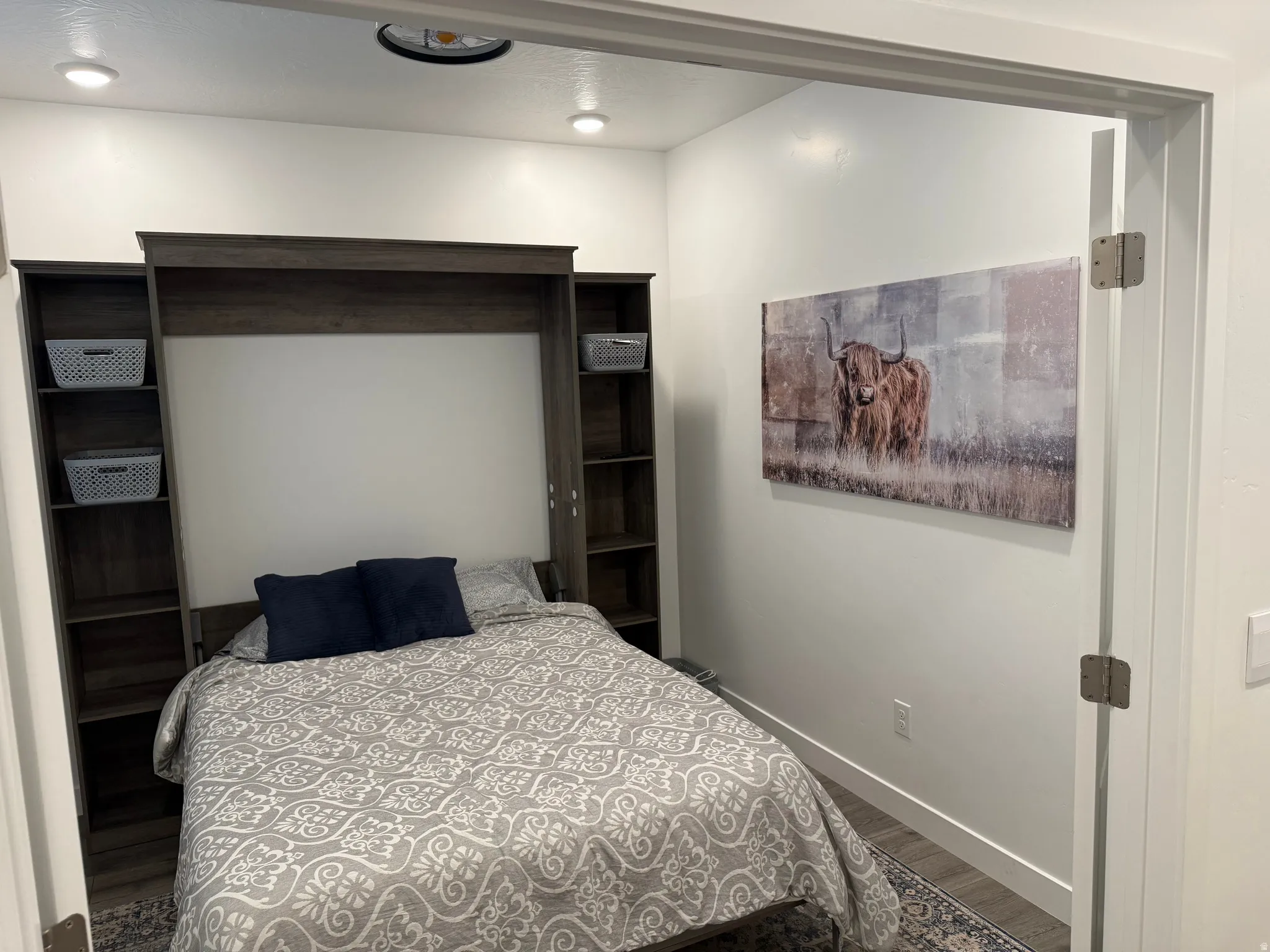 Wall-mounted bed with integrated shelving, recessed ceiling lighting, and wood-finish flooring