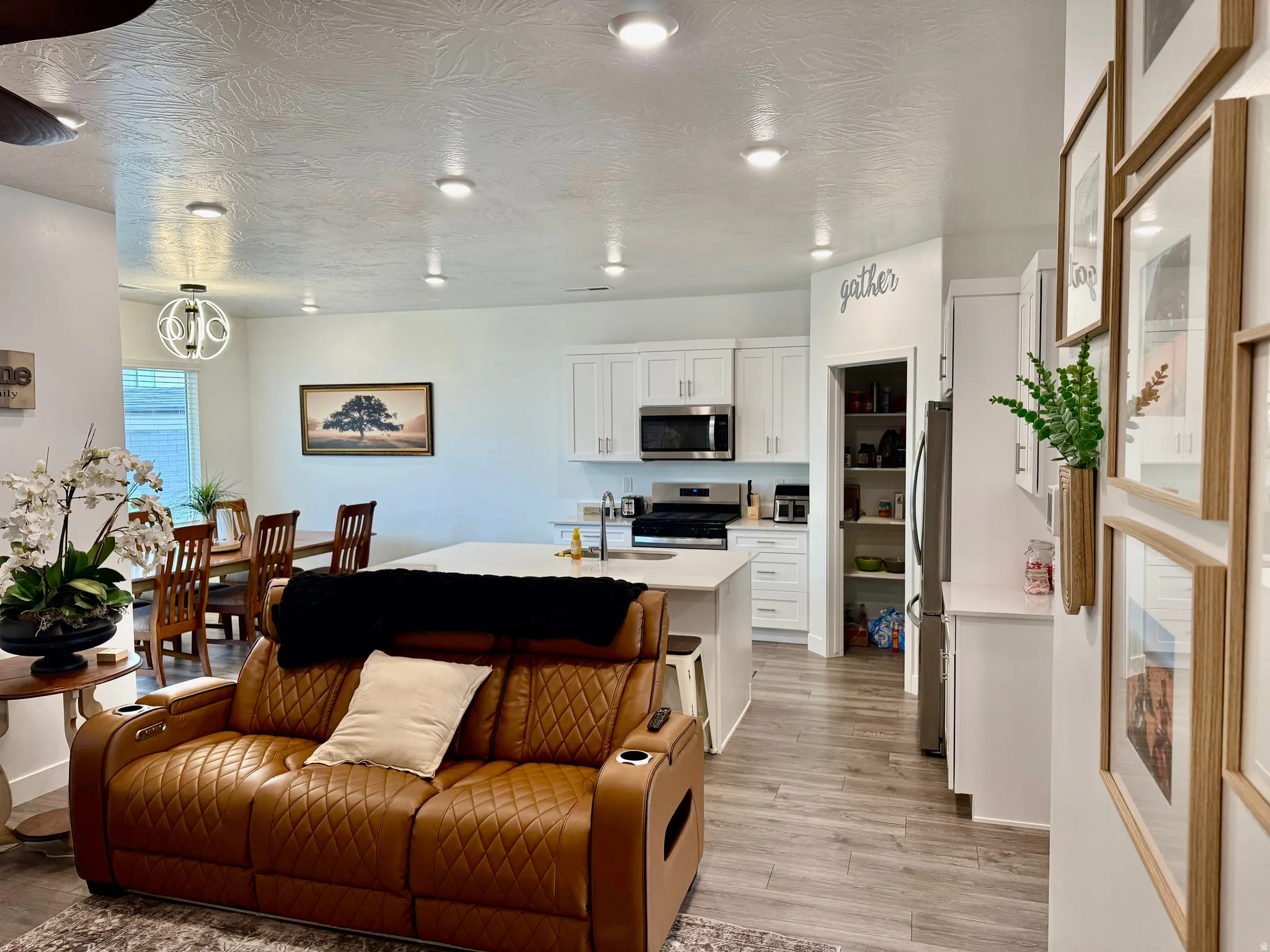 Recessed ceiling lighting, wood-finish flooring, white cabinetry, stainless steel appliances, and a built-in pantry