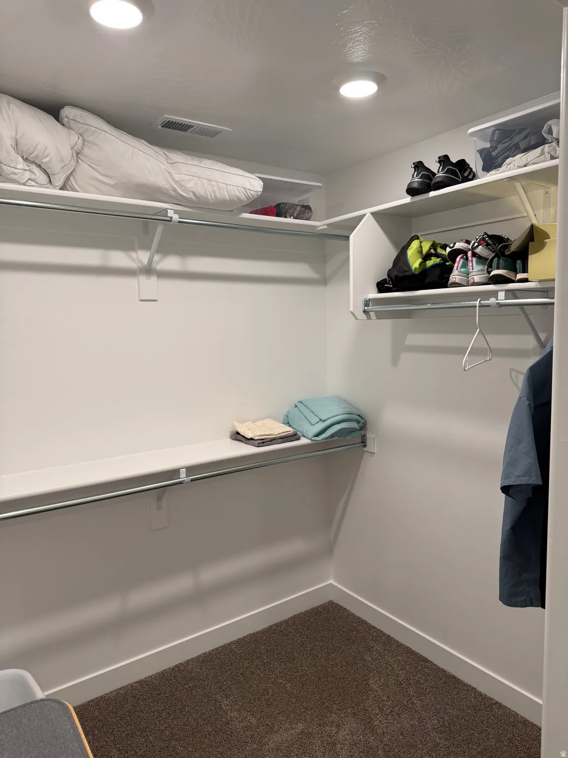 Built-in shelving, chrome hanging rods, recessed ceiling lighting, and carpet flooring