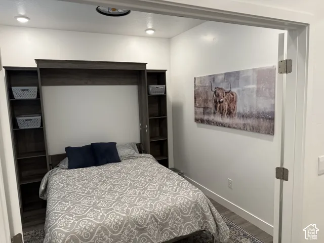 Wall-mounted bed with integrated shelving, recessed ceiling lighting, and wood-finish flooring