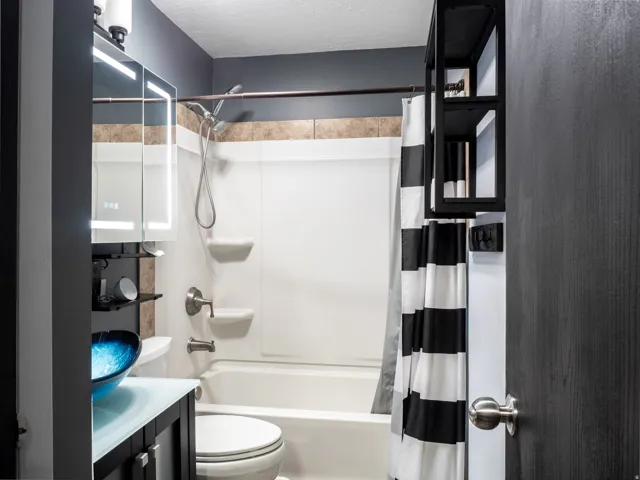 Built-in bathtub with shower, vanity with vessel sink, wall-mounted mirror with integrated lighting, and dark wood-finish cabinetry