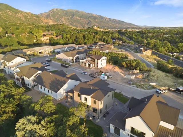 Community of residences with varied architectural styles, asphalt roadways, and surrounding natural landscaping