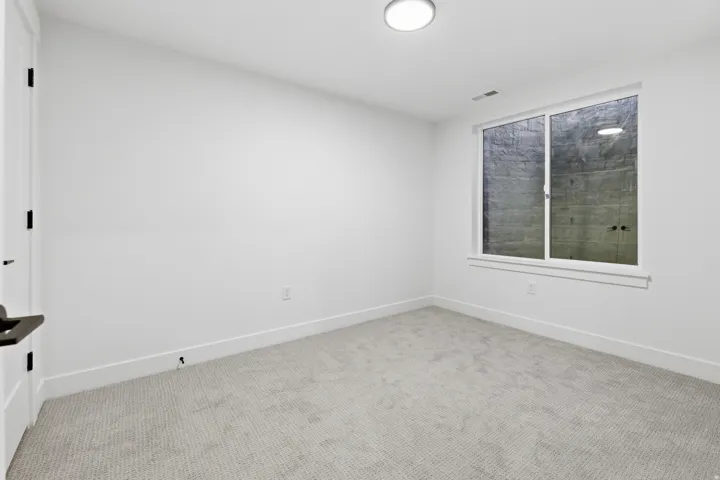 White walls, light-colored carpet, and a large window