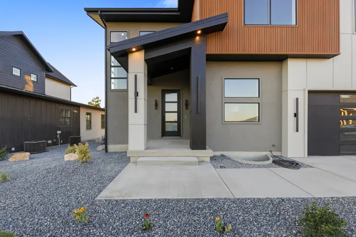 Contemporary exterior featuring a panelized wood-finish facade, gray stucco, and a black framed glass entry door