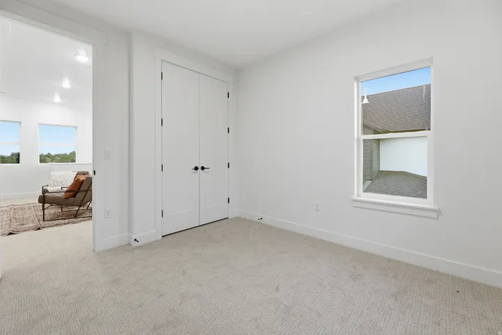 Neutral tone wall paint, white trim, light-colored carpet, double panel doors with black hardware, and a single-pane window