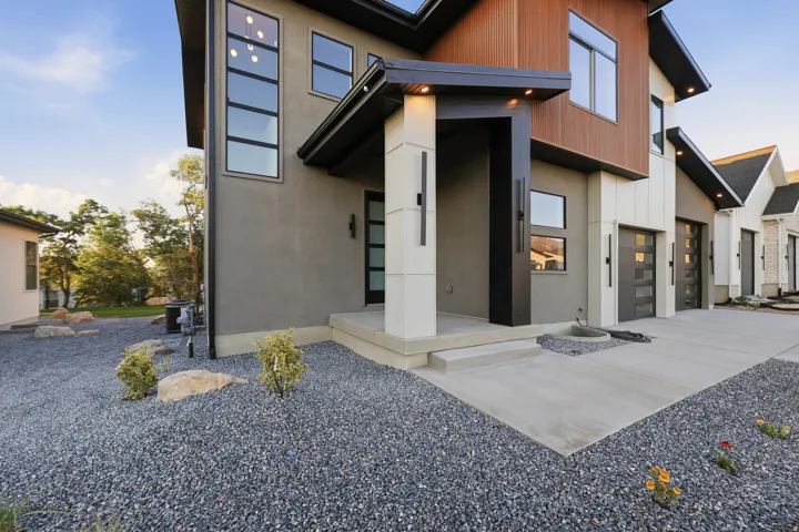 Modern architectural design with stucco and wood paneling