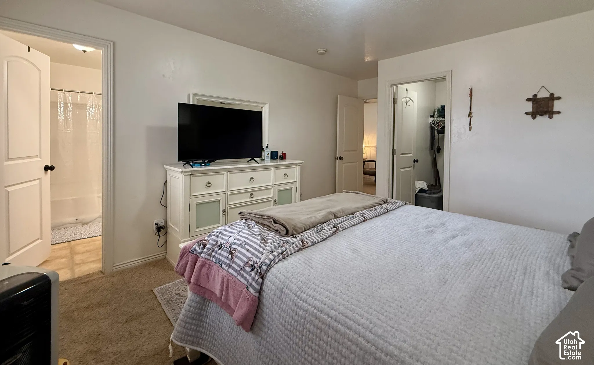 Neutral wall color, carpeted flooring, and white trim