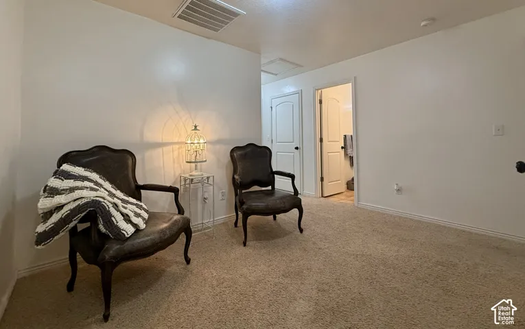 Recessed lighting, light neutral wall color, and light-colored carpeting
