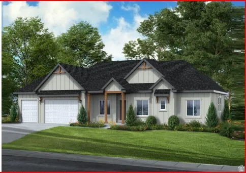 Modern farmhouse exterior with multiple gables, board and batten siding, a dark shingle roof, and an attached two-car garage