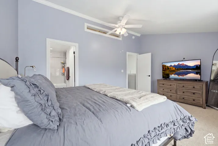 Vaulted ceiling with crown molding, ceiling fan with integrated lighting, and an overhead transom window