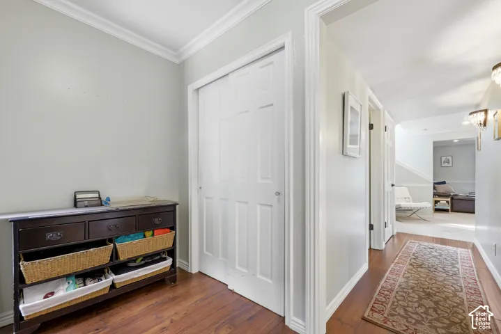 Crown molding, wood-finish flooring, and a flush-panel bi-fold closet door