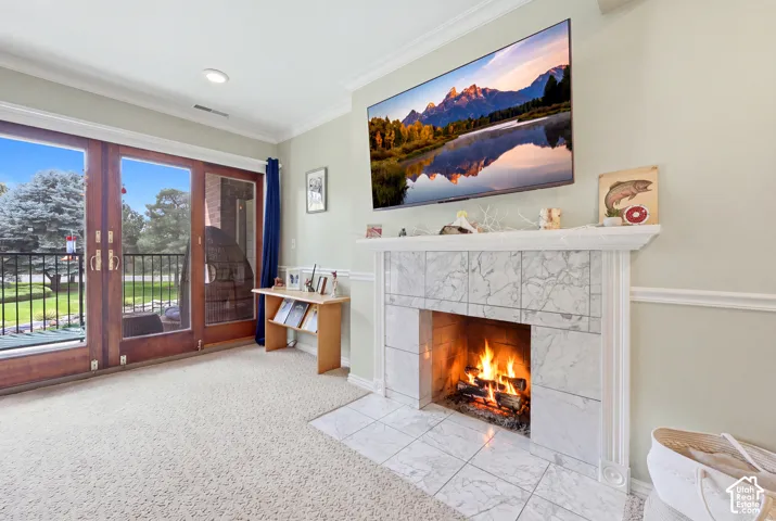 Marble-clad fireplace with a decorative mantel, wood-burning firebox, and tile hearth
