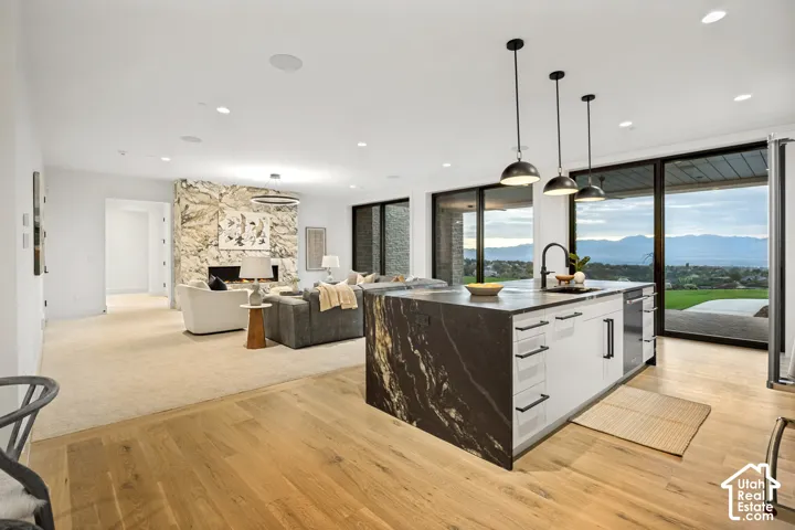 Hardwood flooring, kitchen island with dark stone countertop, built-in dishwasher, recessed lighting, and expansive glass sliding doors