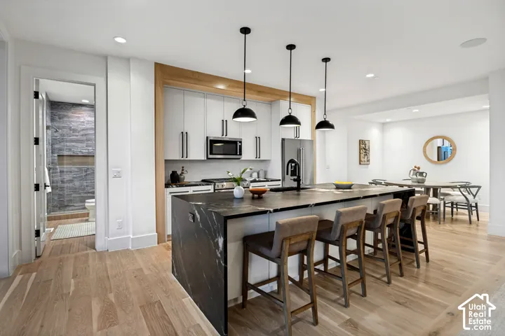 Contemporary kitchen featuring light wood-finish flooring, a large island with a dark stone countertop and waterfall edge, stainless steel appliances, and white cabinetry