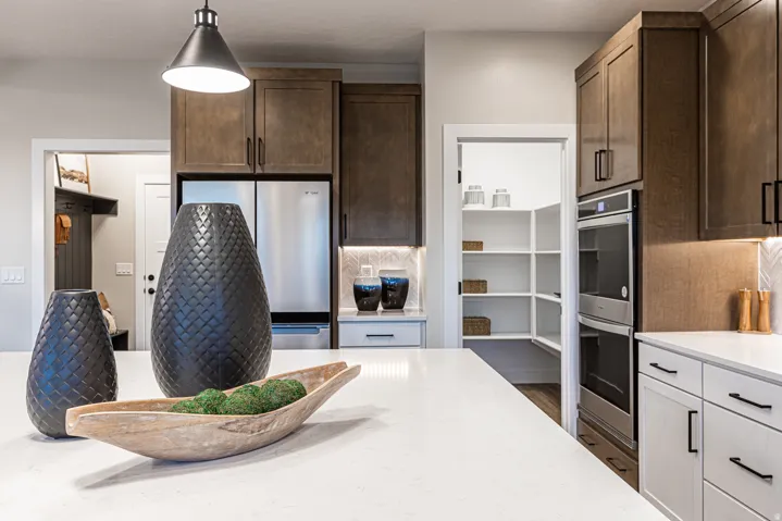 Spacious kitchen featuring dark wood cabinetry, stainless steel appliances, white countertops, and a walk-in pantry with built-in shelving