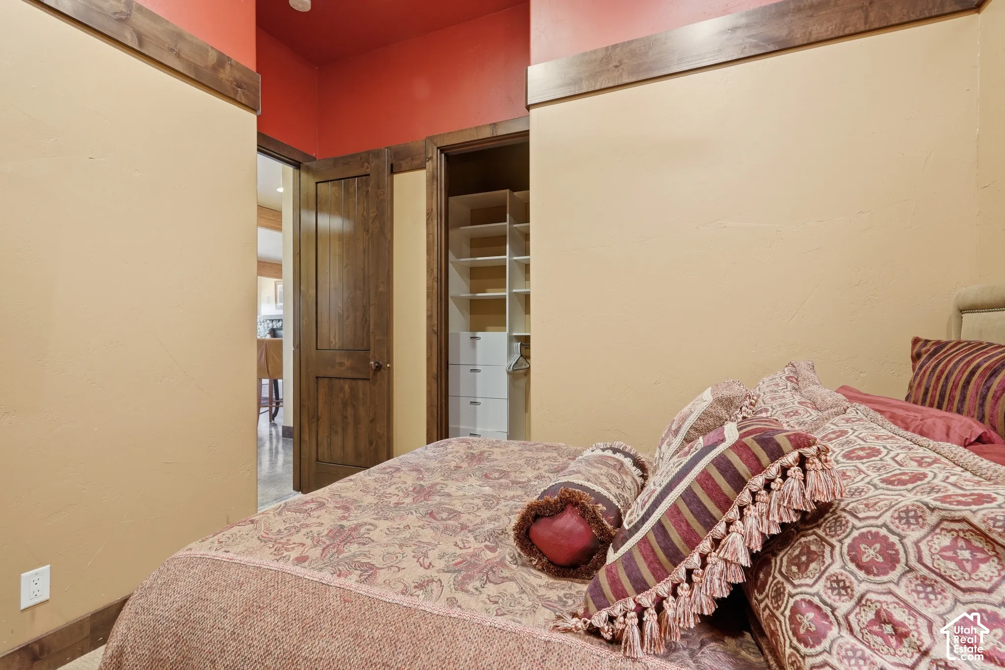Wood-finish trim accents on walls and ceiling