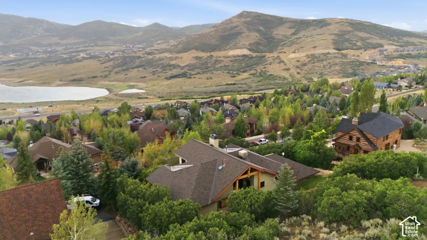Residential neighborhood featuring diverse architectural styles, mature trees, and a distant lake
