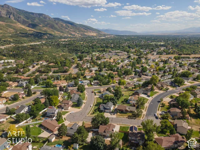 Residential neighborhood with mature trees, mountain backdrop, and distant body of water